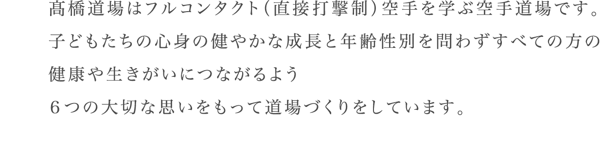 髙橋道場はフルコンタクト（ 直接打撃制）空手を学ぶ空手道場です。子どもたちの心身の健やかな成長と年齢性別を問わずすべての方の健康や生きがいにつながるよう６つの大切な思いをもって道場づくりをしています。